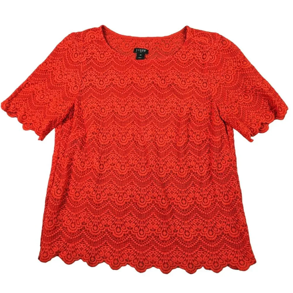 J Crew Scalloped Crochet‎ Top Blouse Women's XS Orange Autumn Fall Mesh Cottage